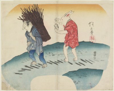 Rabbit Setting Fire on the Firewood Carried by Raccoon, 1835 by Hogyoku